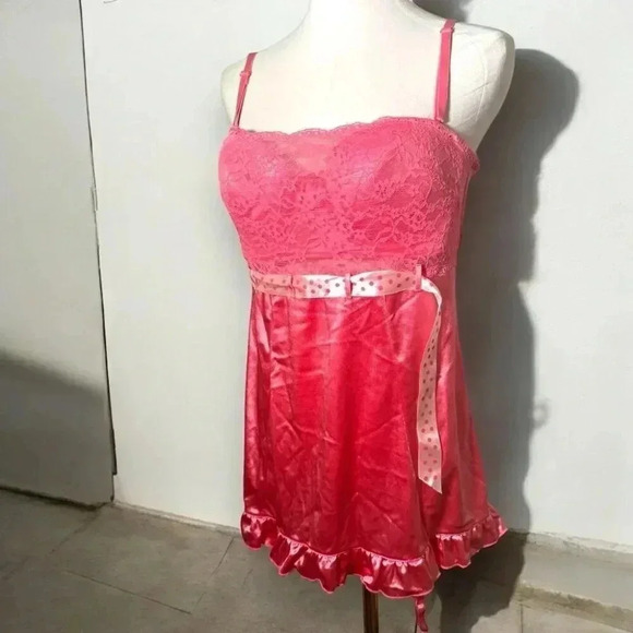 Y2K satin Barbie babydoll mini slip/cheminse with polka dot  ribbon L coquette - Picture 1 of 6